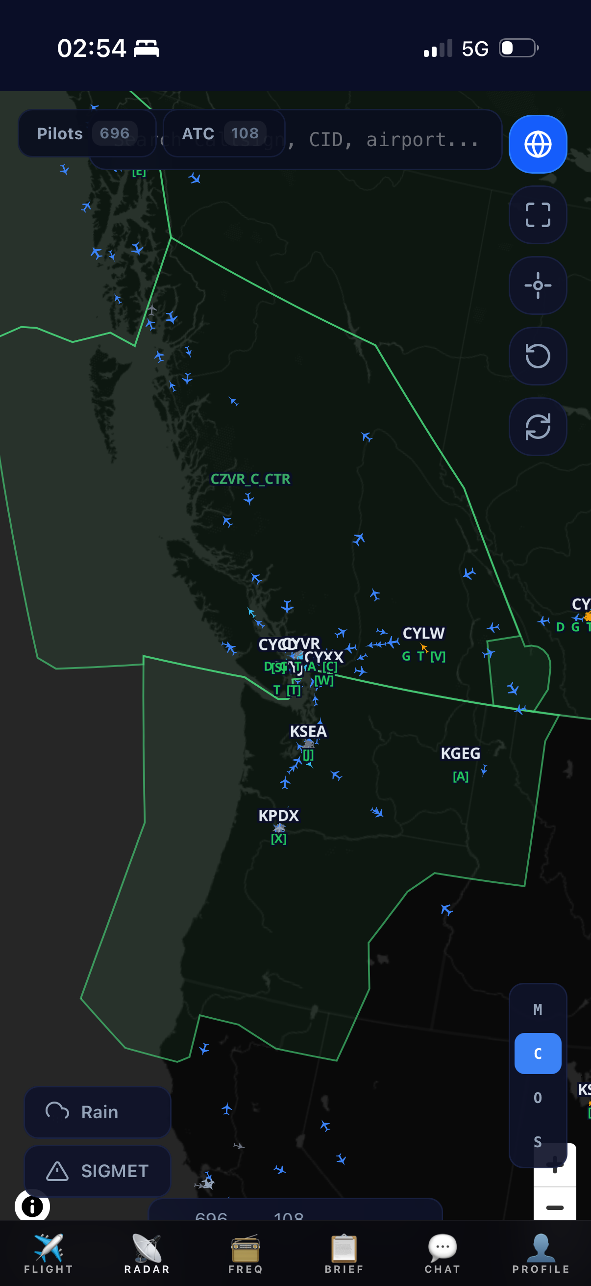 Live radar map with transatlantic route