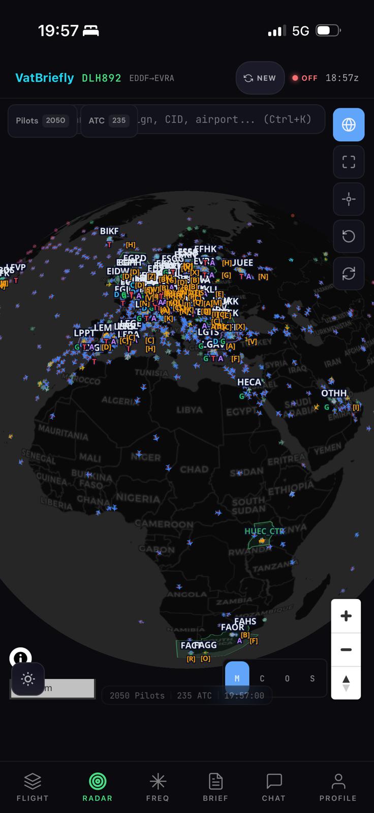 Live radar map with transatlantic route